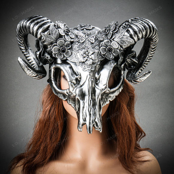 Antelope Devil Ram Horn Skull Ghost Masquerade Mask - Black Silver - Picture 2 of 9
